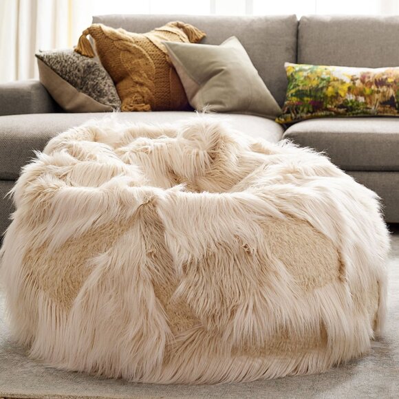 POTTERY BARN Mongolian Patchwork Faux Fur Bean Bag in Ivory NWT - Picture 1 of 8